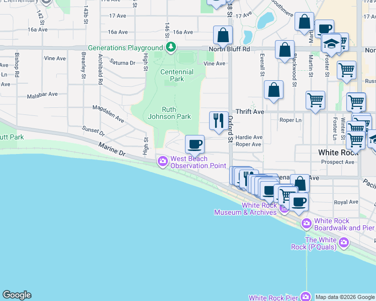 map of restaurants, bars, coffee shops, grocery stores, and more near 14667 West Beach Avenue in White Rock