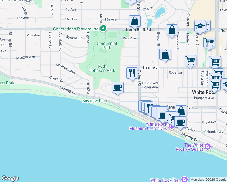 map of restaurants, bars, coffee shops, grocery stores, and more near 14667 West Beach Avenue in White Rock