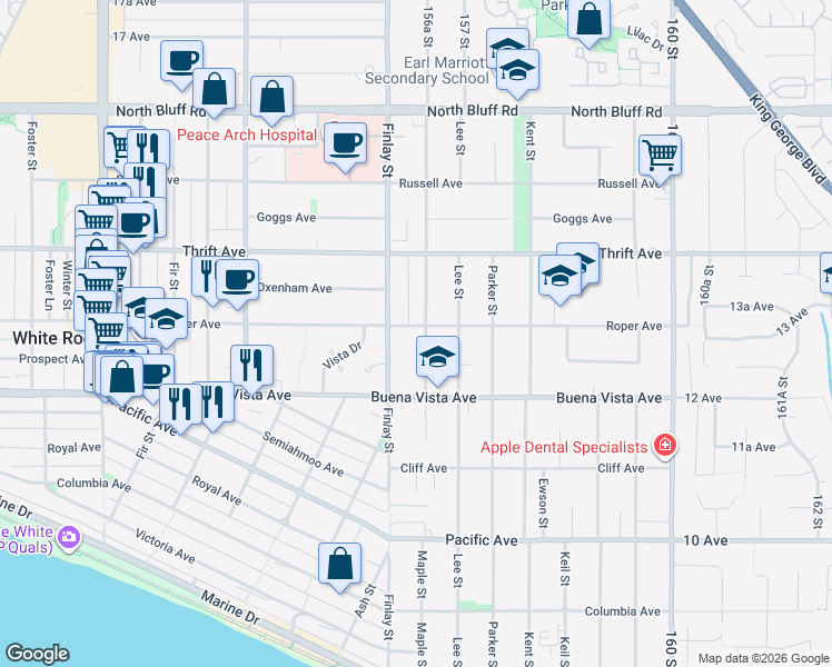 map of restaurants, bars, coffee shops, grocery stores, and more near 15644 Roper Avenue in White Rock