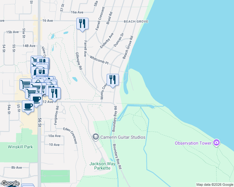 map of restaurants, bars, coffee shops, grocery stores, and more near 1244 Beach Grove Road in Delta