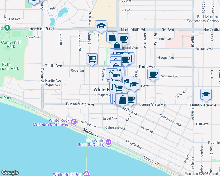 map of restaurants, bars, coffee shops, grocery stores, and more near 15154 Roper Avenue in White Rock