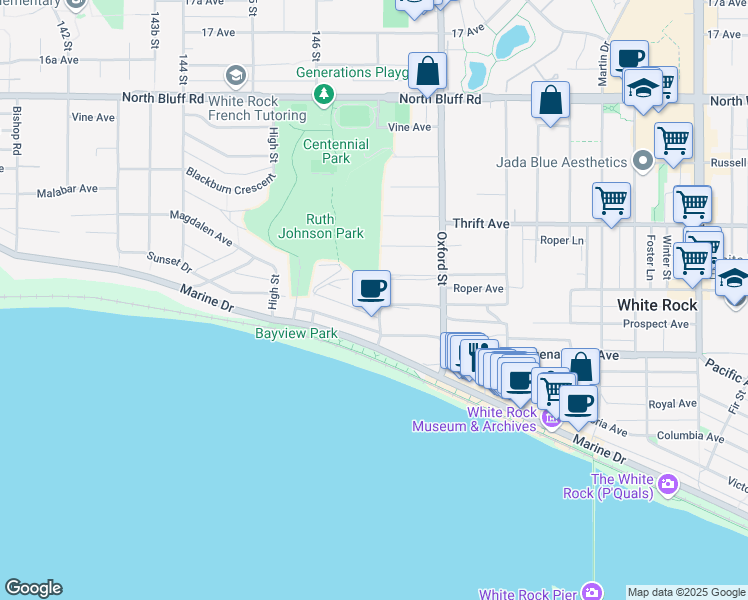 map of restaurants, bars, coffee shops, grocery stores, and more near 1309 Anderson Street in White Rock