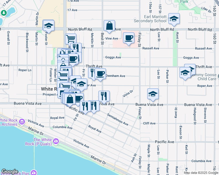 map of restaurants, bars, coffee shops, grocery stores, and more near 15440 Roper Avenue in White Rock