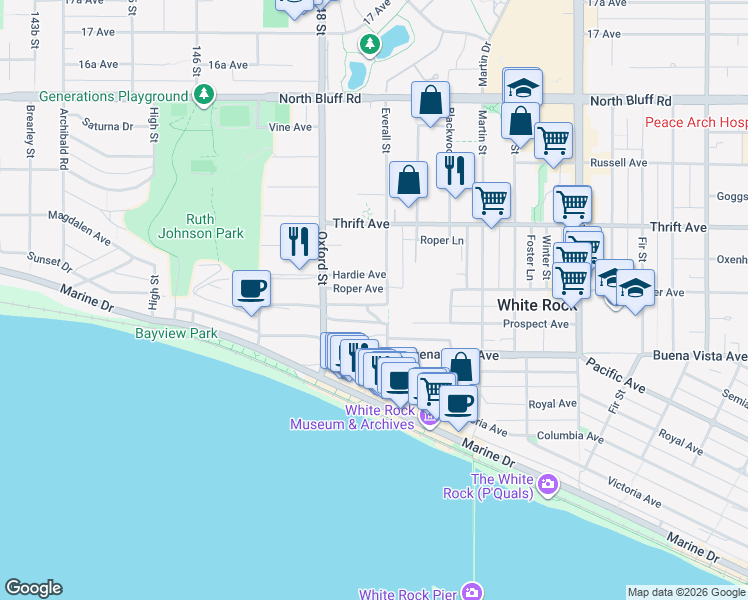 map of restaurants, bars, coffee shops, grocery stores, and more near 1279 Everall Street in White Rock