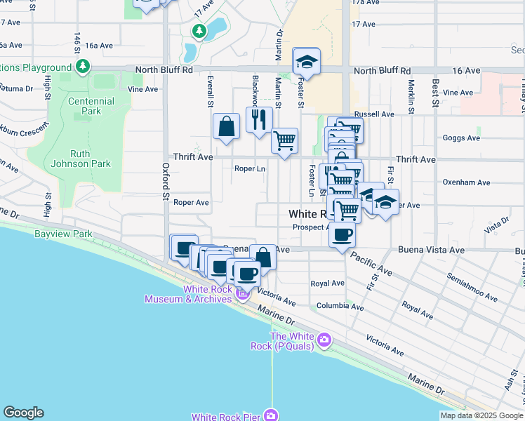 map of restaurants, bars, coffee shops, grocery stores, and more near 15010 Roper Avenue in White Rock