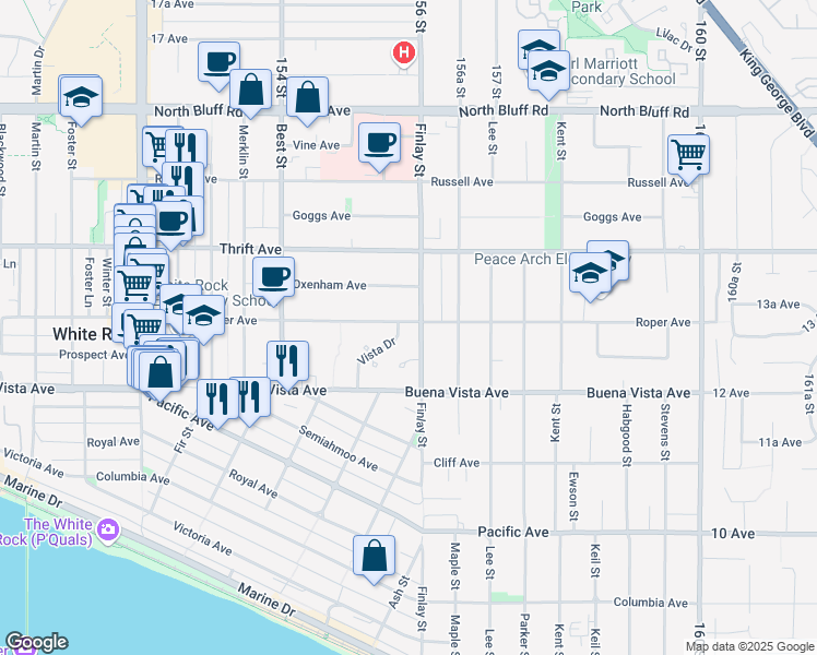 map of restaurants, bars, coffee shops, grocery stores, and more near 15588 Roper Avenue in White Rock