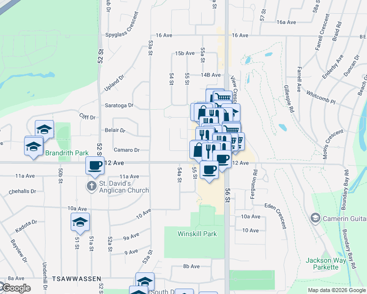 map of restaurants, bars, coffee shops, grocery stores, and more near 1230 Malvern Place in Delta