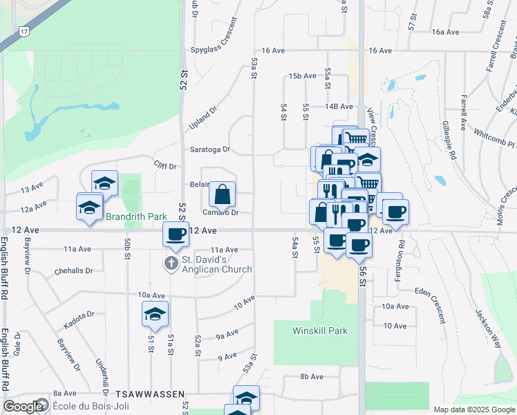 map of restaurants, bars, coffee shops, grocery stores, and more near 1256 53A Street in Delta