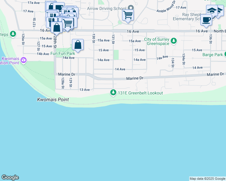 map of restaurants, bars, coffee shops, grocery stores, and more near 13102 13 Avenue in Surrey