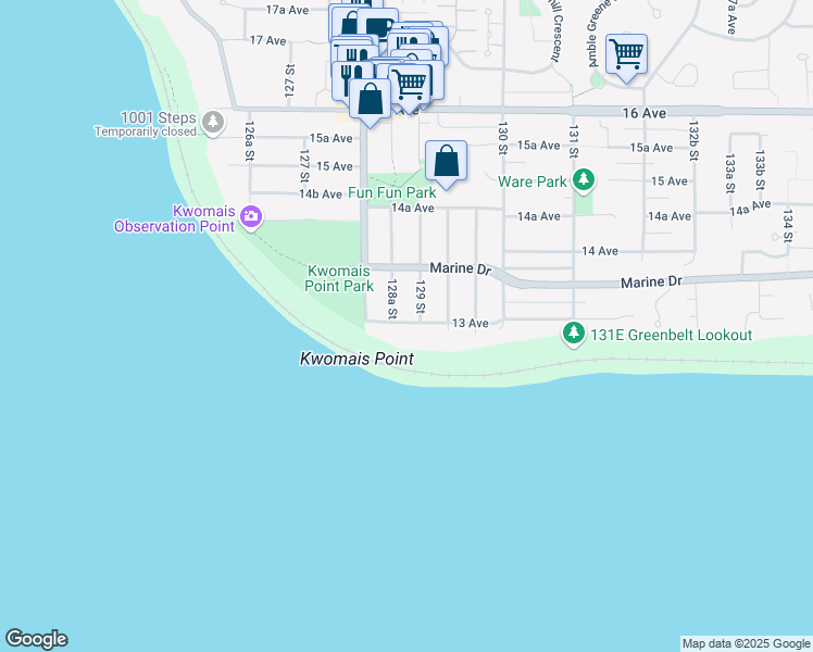 map of restaurants, bars, coffee shops, grocery stores, and more near 12862 13 Avenue in Surrey