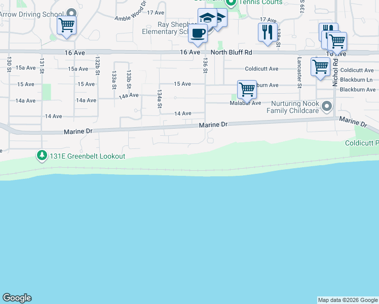map of restaurants, bars, coffee shops, grocery stores, and more near 13536 13A Avenue in Surrey