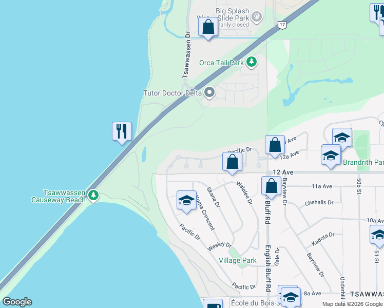 map of restaurants, bars, coffee shops, grocery stores, and more near 1223 Pacific Drive in Metro Vancouver