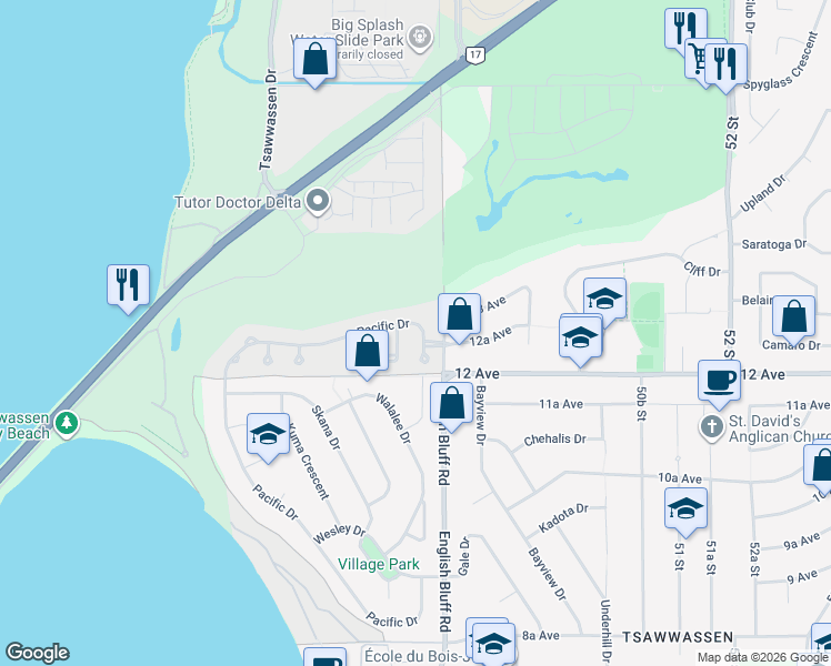 map of restaurants, bars, coffee shops, grocery stores, and more near 1264 Pacific Drive in Metro Vancouver