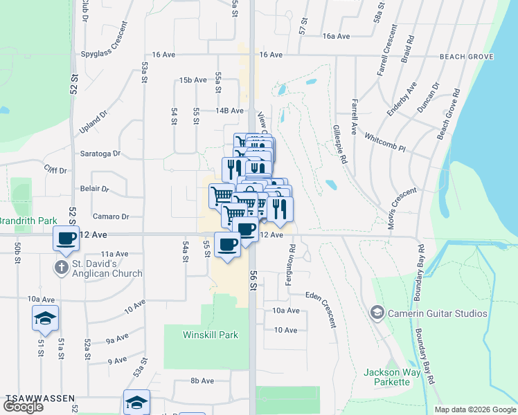 map of restaurants, bars, coffee shops, grocery stores, and more near 1256 56 Street in Delta