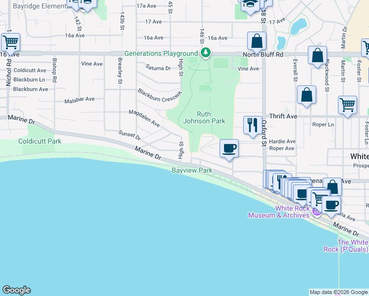 map of restaurants, bars, coffee shops, grocery stores, and more near 14553 Sunset Drive in White Rock
