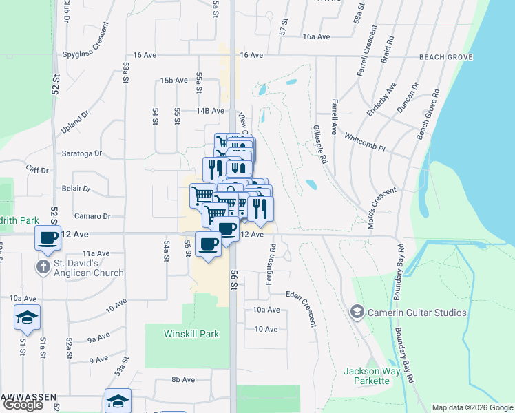 map of restaurants, bars, coffee shops, grocery stores, and more near 1253 Hunter Road in Delta