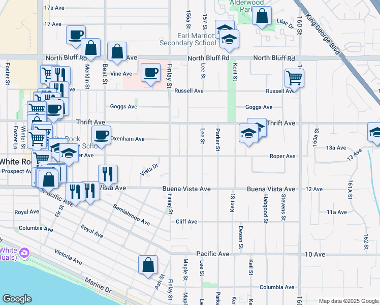 map of restaurants, bars, coffee shops, grocery stores, and more near 15661 Roper Avenue in White Rock