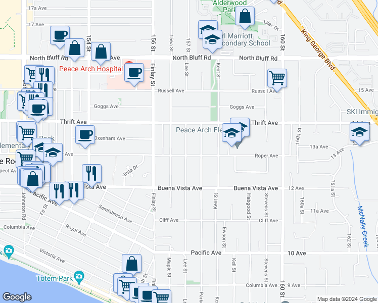 map of restaurants, bars, coffee shops, grocery stores, and more near 15711 Roper Avenue in White Rock
