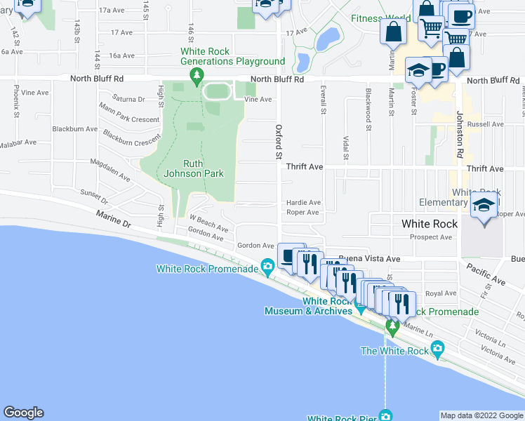 map of restaurants, bars, coffee shops, grocery stores, and more near 14760 Upper Roper Avenue in White Rock