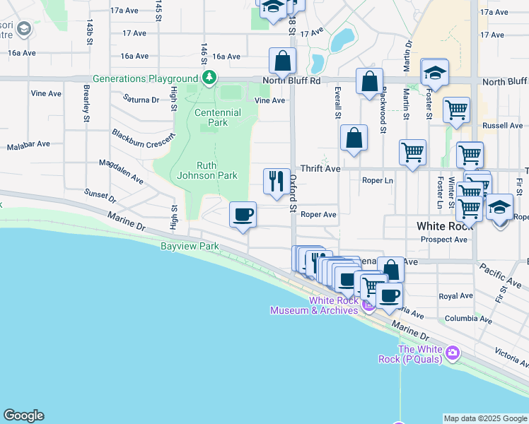 map of restaurants, bars, coffee shops, grocery stores, and more near 14742 Upper Roper Avenue in White Rock