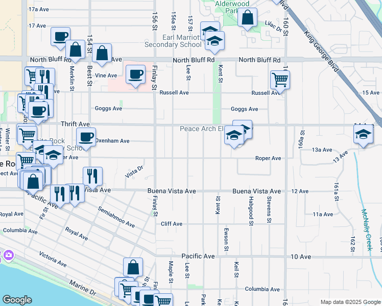 map of restaurants, bars, coffee shops, grocery stores, and more near 15711 Roper Avenue in White Rock