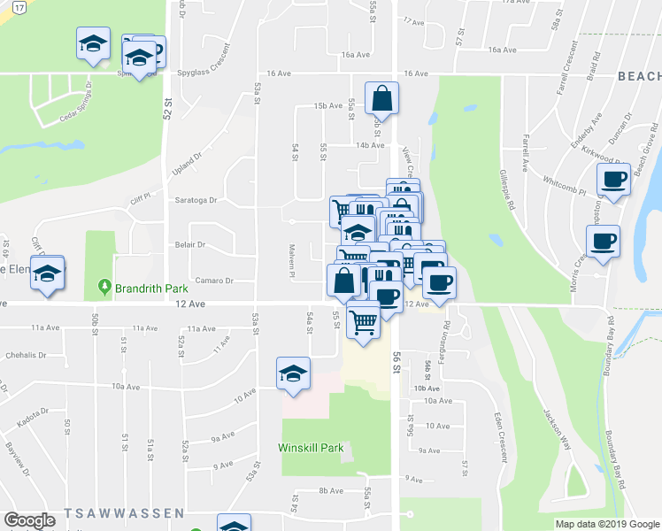 map of restaurants, bars, coffee shops, grocery stores, and more near 1250 55 Street in Delta
