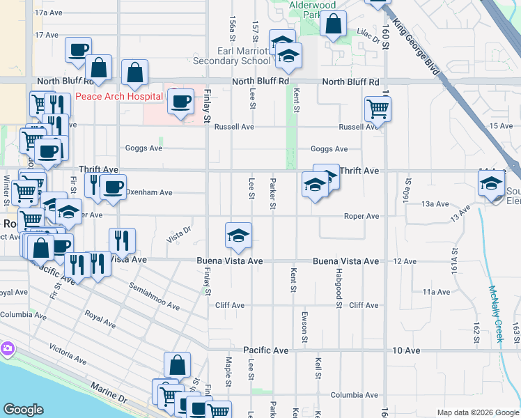 map of restaurants, bars, coffee shops, grocery stores, and more near 15721 Roper Avenue in White Rock