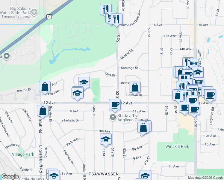 map of restaurants, bars, coffee shops, grocery stores, and more near 5148 Winskill Drive in Delta