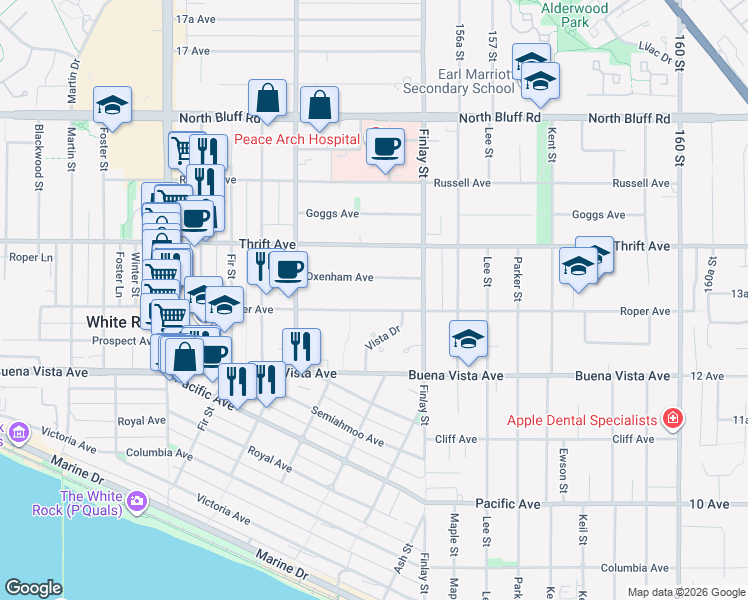 map of restaurants, bars, coffee shops, grocery stores, and more near 15521 Roper Avenue in White Rock