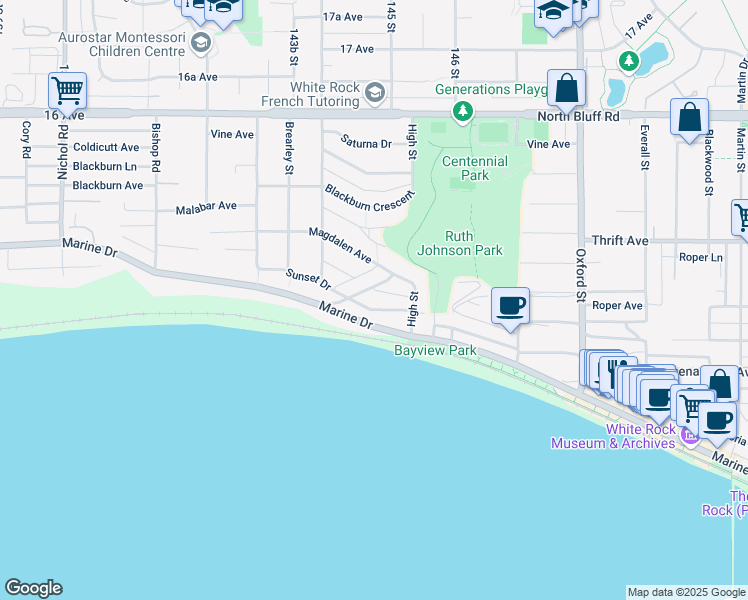 map of restaurants, bars, coffee shops, grocery stores, and more near 14480 Magdalen Crescent in White Rock