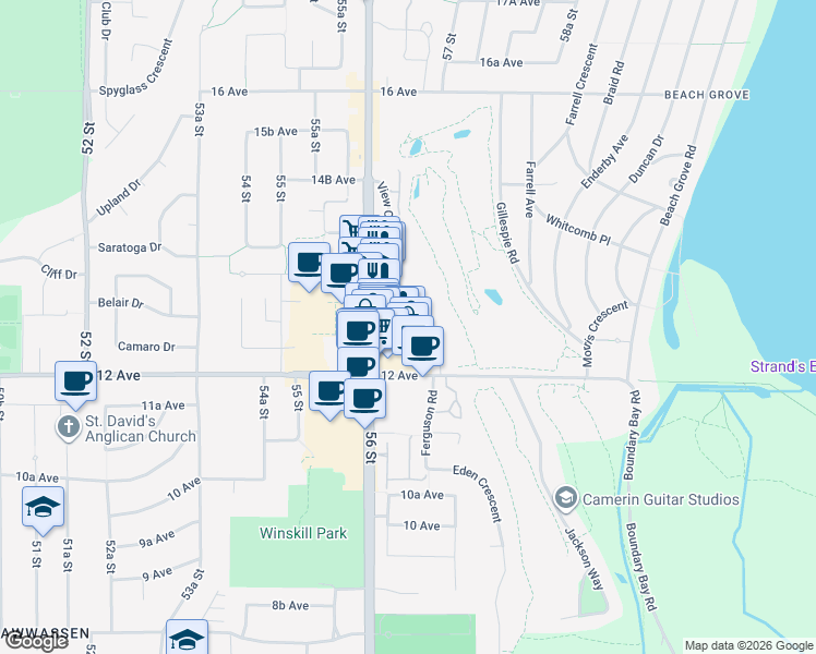 map of restaurants, bars, coffee shops, grocery stores, and more near 1269 Hunter Road in Delta