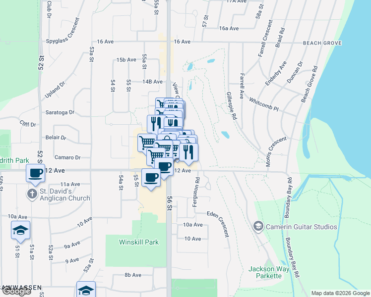 map of restaurants, bars, coffee shops, grocery stores, and more near 1263 Hunter Road in Delta