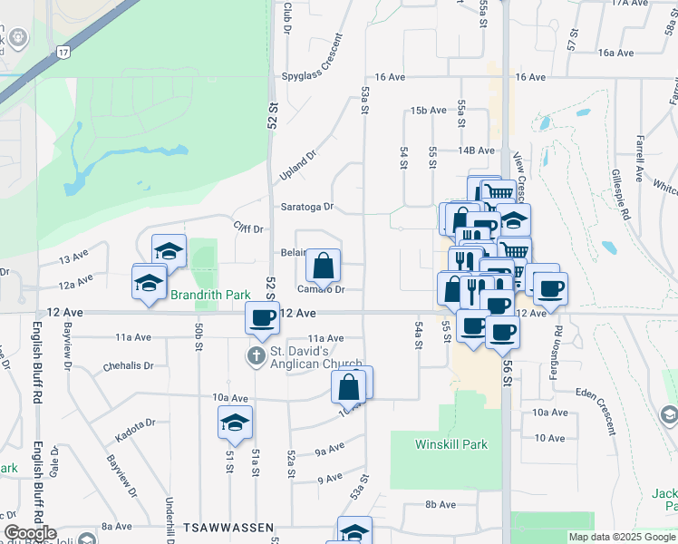 map of restaurants, bars, coffee shops, grocery stores, and more near 5316 Belair Drive in Delta