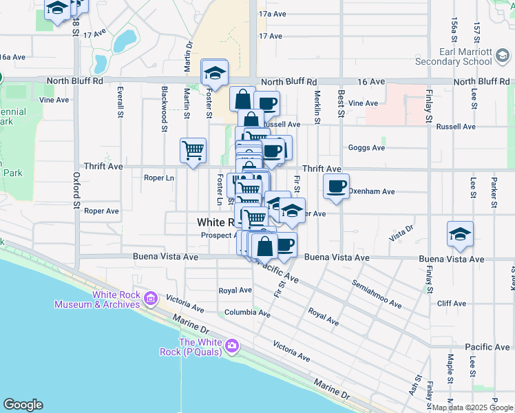 map of restaurants, bars, coffee shops, grocery stores, and more near in White Rock