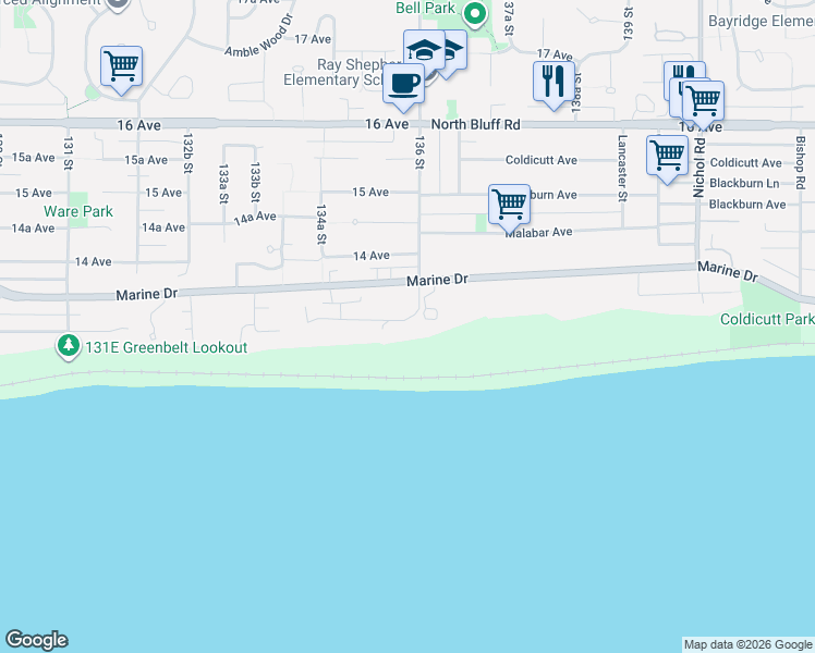 map of restaurants, bars, coffee shops, grocery stores, and more near 13576 13A Avenue in Surrey