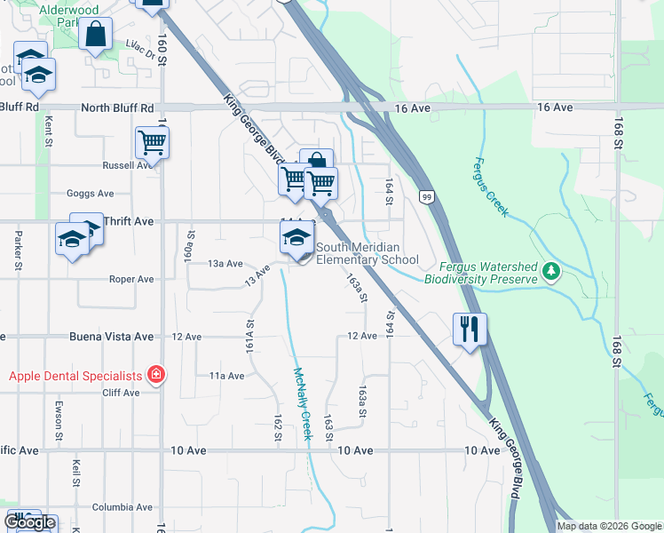 map of restaurants, bars, coffee shops, grocery stores, and more near 1285 163A Street in Surrey