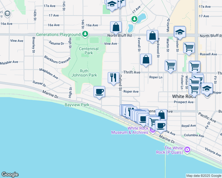 map of restaurants, bars, coffee shops, grocery stores, and more near Upper Roper Avenue in White Rock