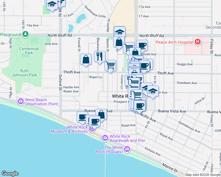 map of restaurants, bars, coffee shops, grocery stores, and more near 1322 Martin Street in White Rock