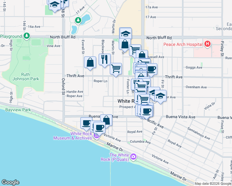 map of restaurants, bars, coffee shops, grocery stores, and more near 1322 Martin Street in White Rock