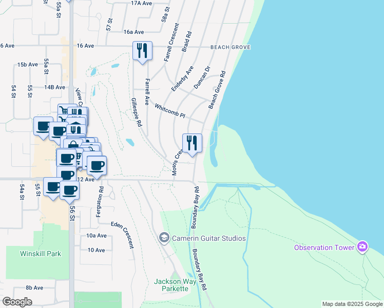 map of restaurants, bars, coffee shops, grocery stores, and more near 1293 Beach Grove Road in Delta