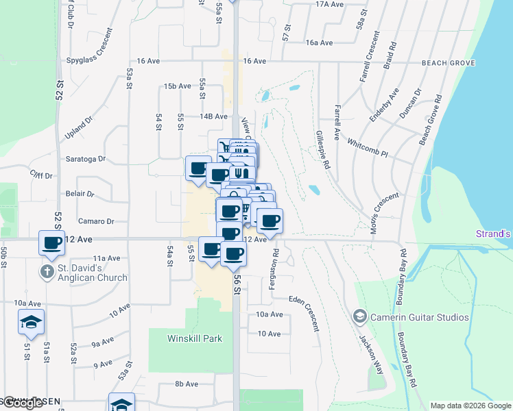 map of restaurants, bars, coffee shops, grocery stores, and more near 1269 Hunter Road in Delta
