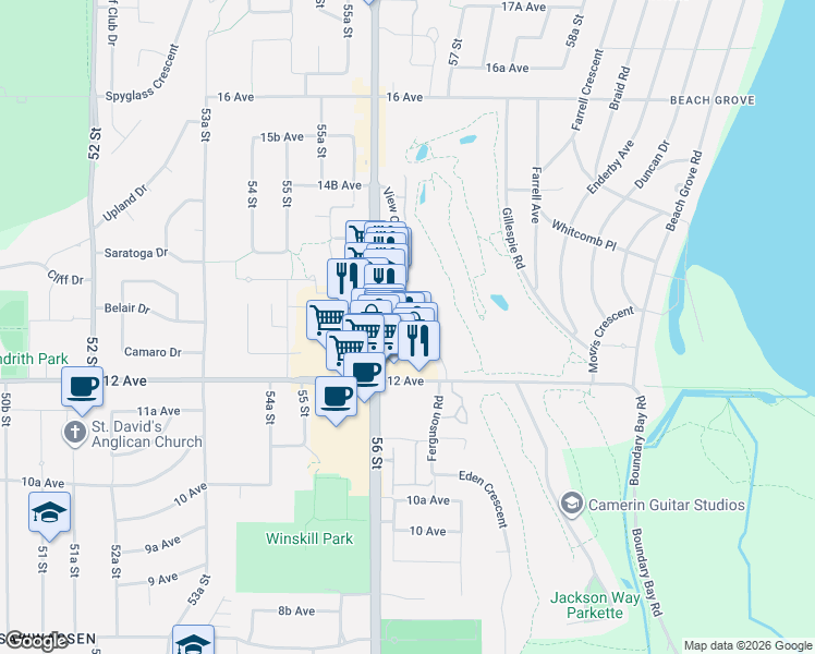map of restaurants, bars, coffee shops, grocery stores, and more near 1269 Hunter Road in Delta