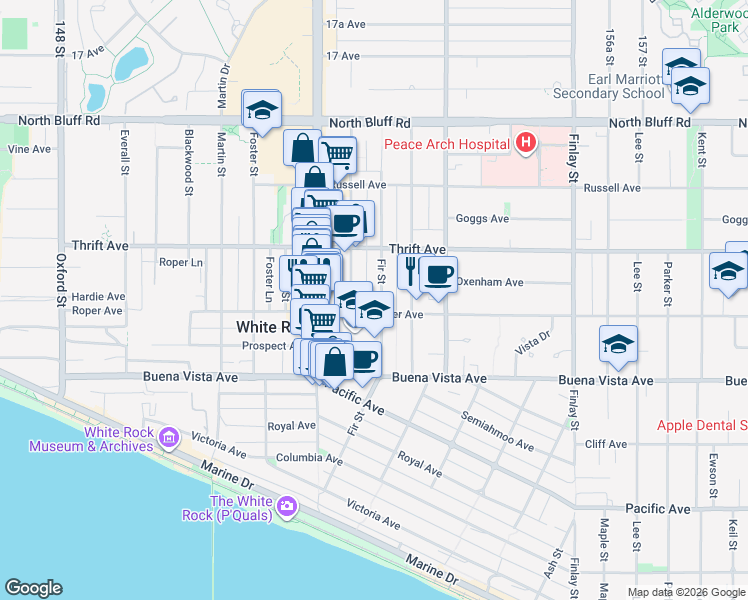 map of restaurants, bars, coffee shops, grocery stores, and more near 1321 Fir Street in White Rock