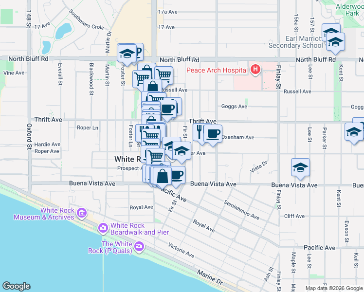 map of restaurants, bars, coffee shops, grocery stores, and more near 1321 Fir Street in White Rock