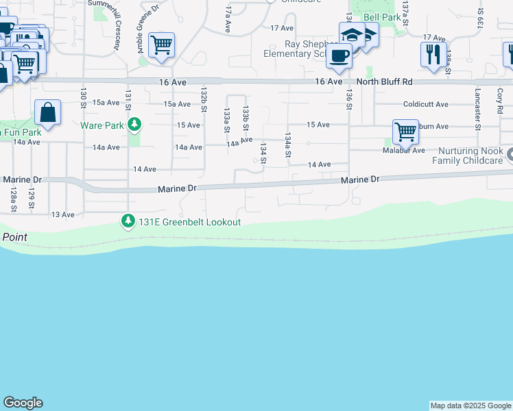 map of restaurants, bars, coffee shops, grocery stores, and more near 13387 13A Avenue in Surrey