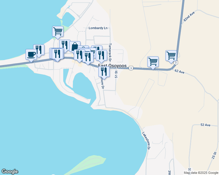 map of restaurants, bars, coffee shops, grocery stores, and more near 5803 Lakeshore Drive in Osoyoos