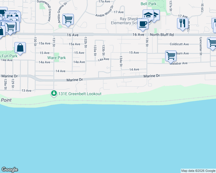 map of restaurants, bars, coffee shops, grocery stores, and more near 13387 13A Avenue in Surrey