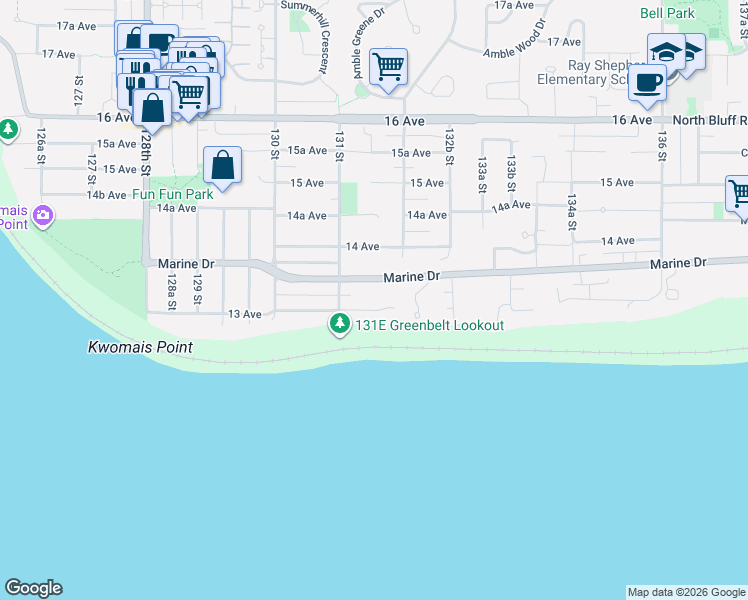 map of restaurants, bars, coffee shops, grocery stores, and more near 13151 13 Avenue in Surrey