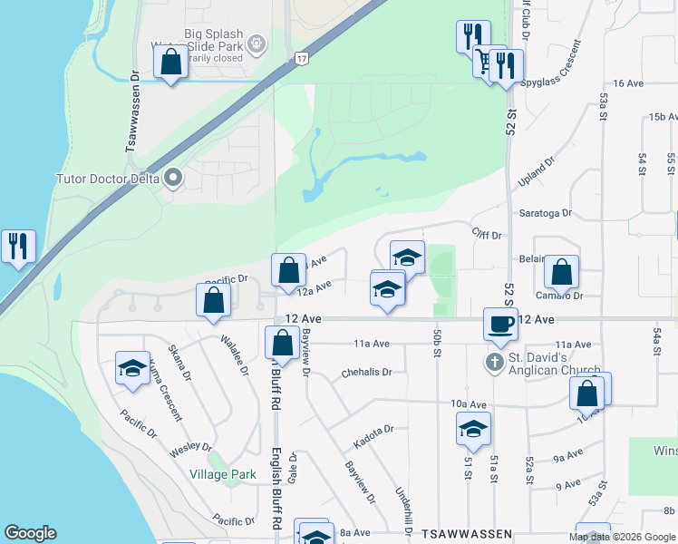 map of restaurants, bars, coffee shops, grocery stores, and more near 1265 49 Street in Delta
