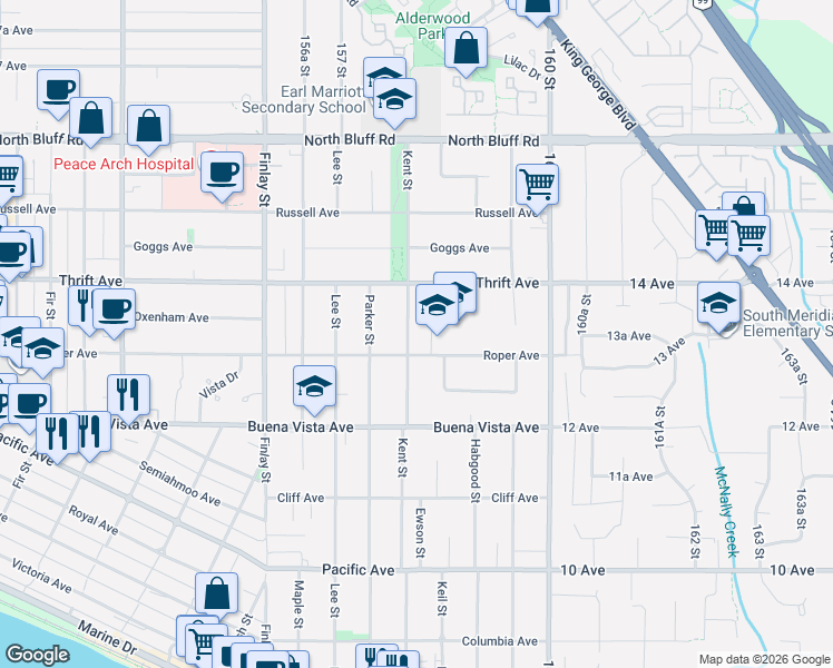 map of restaurants, bars, coffee shops, grocery stores, and more near 1340 Kent Street in White Rock